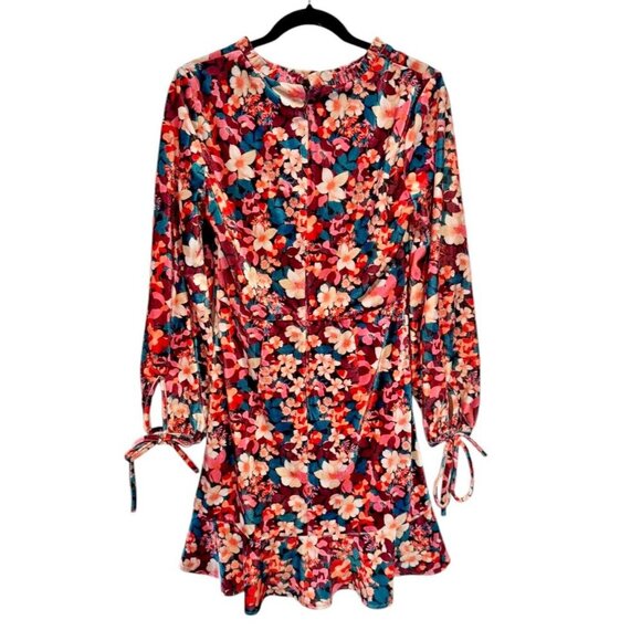 BCBGeneration Retro Floral Velvet Long Sleeve Ruffle Mini Dress Size 8 - Picture 5 of 9
